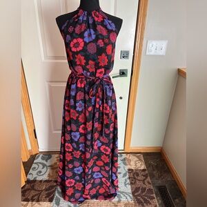 Women’s ModCloth Illuminated Elegance floral black red halter maxi dress. Medium